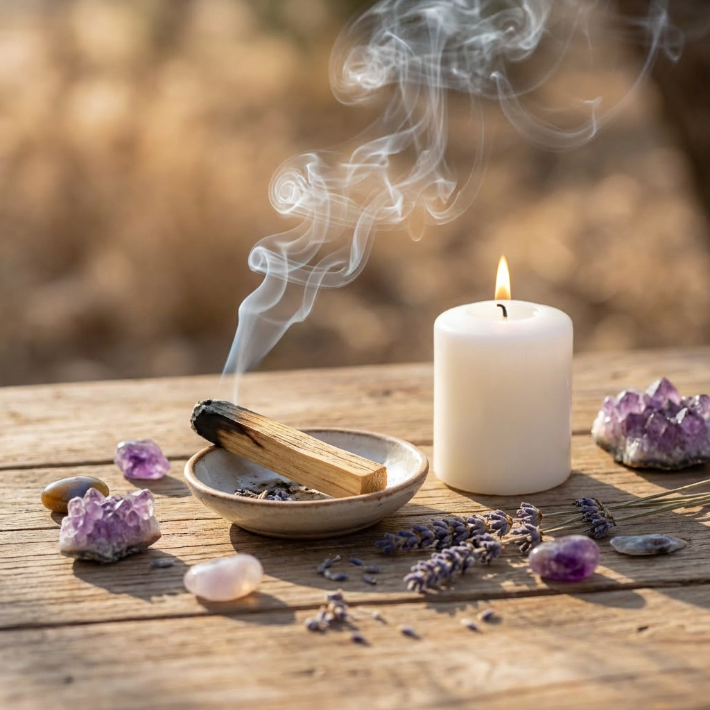 Smoldering palo santo stick in a dish next to a lit candle and amethyst crystals